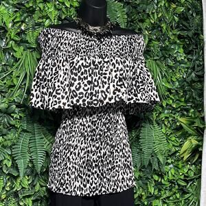 KARA CHIC Tops Women Small Medium‎ Leopard Off The Shoulder Smocked Pleated 2698